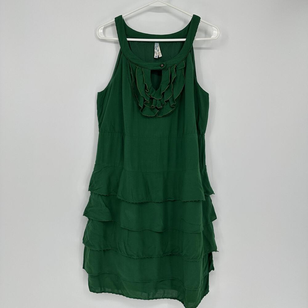 Maeve Dress Womens 8 Green Ruffle Neck Tiered Sleeveless Trapeze Swing Short